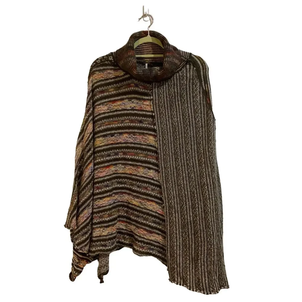 Free People Brown Multi Wool Alpaca Knit Poncho Sz S - Picture 2 of 12